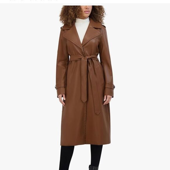 NWT Kenneth Cole Faux Leather Belted Trench Coat In Cognac SP - Picture 2 of 12